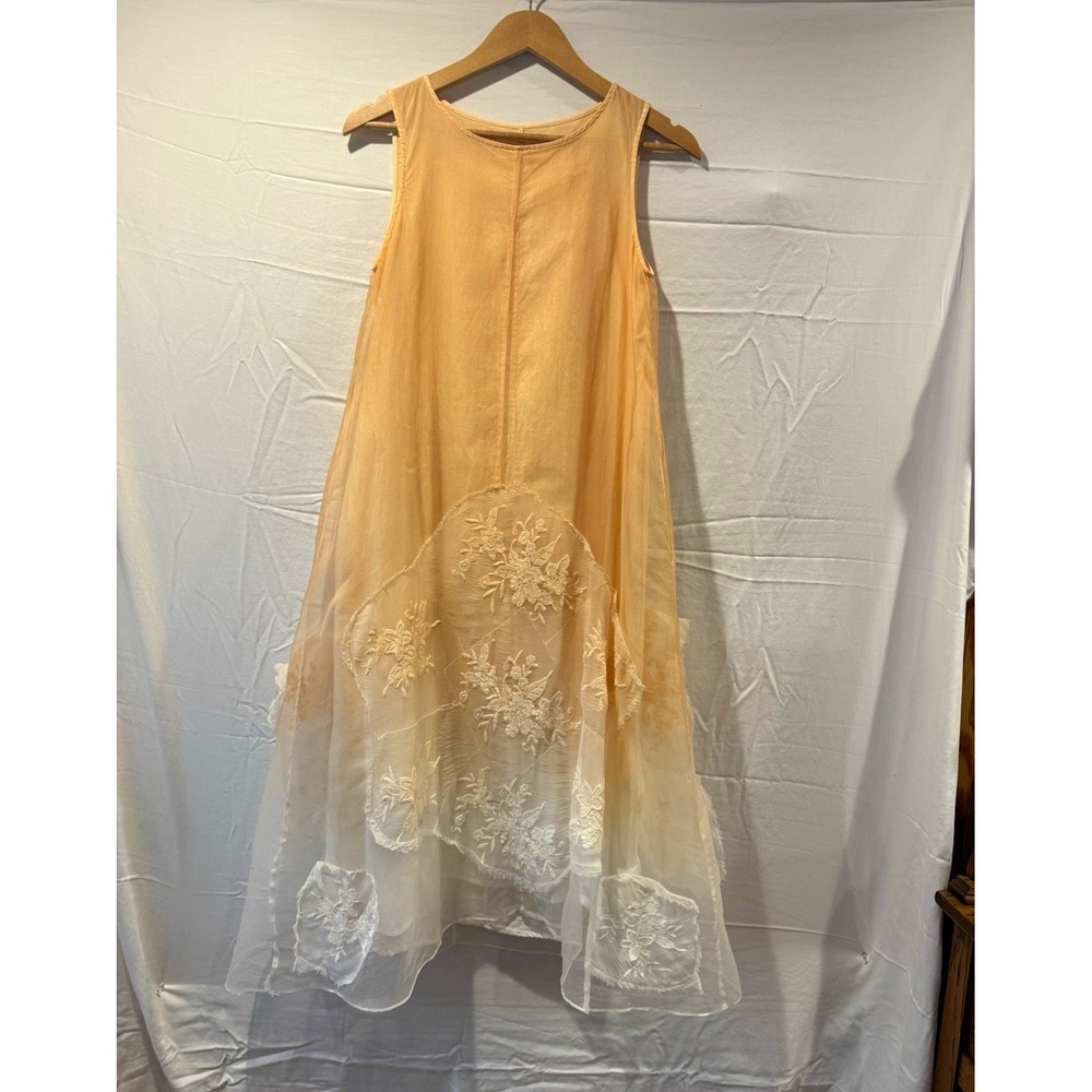 Women's Whimsy Vintage Peach Slip Sheer Overlay Dress Floral Appliqué Pockets